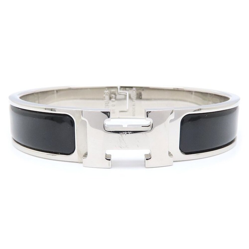HERMES Click H PM Black Bangle, Silver Plated, Women's 295992